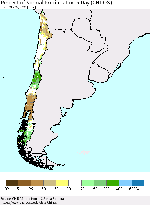 Chile Percent of Normal Precipitation 5-Day (CHIRPS) Thematic Map For 1/21/2021 - 1/25/2021
