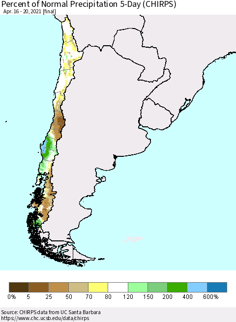 Chile Percent of Normal Precipitation 5-Day (CHIRPS) Thematic Map For 4/16/2021 - 4/20/2021