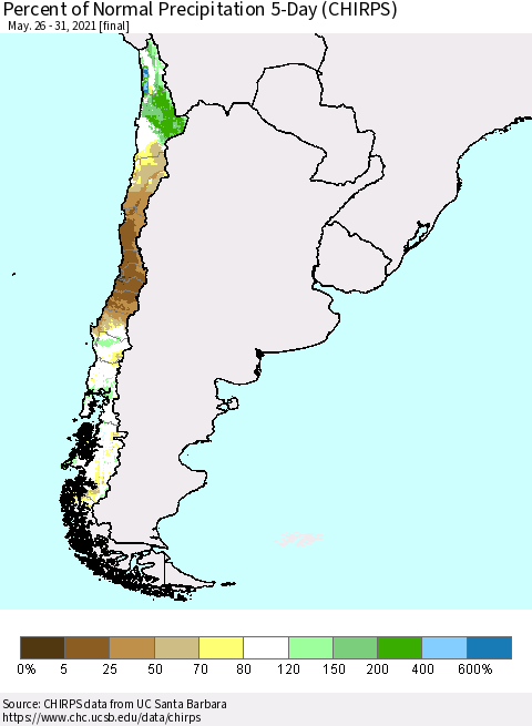 Chile Percent of Normal Precipitation 5-Day (CHIRPS) Thematic Map For 5/26/2021 - 5/31/2021