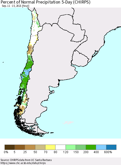 Chile Percent of Normal Precipitation 5-Day (CHIRPS) Thematic Map For 9/11/2021 - 9/15/2021