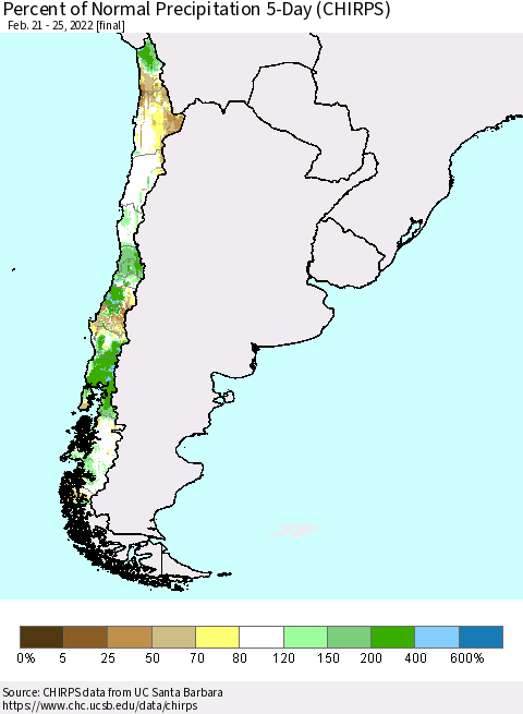 Chile Percent of Normal Precipitation 5-Day (CHIRPS) Thematic Map For 2/21/2022 - 2/25/2022