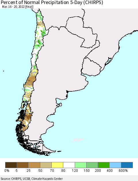 Chile Percent of Normal Precipitation 5-Day (CHIRPS) Thematic Map For 3/16/2022 - 3/20/2022