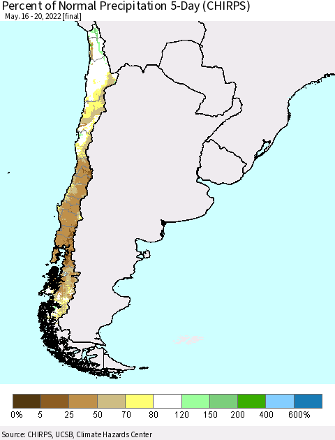 Chile Percent of Normal Precipitation 5-Day (CHIRPS) Thematic Map For 5/16/2022 - 5/20/2022