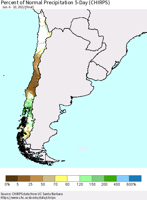 Chile Percent of Normal Precipitation 5-Day (CHIRPS) Thematic Map For 6/6/2022 - 6/10/2022