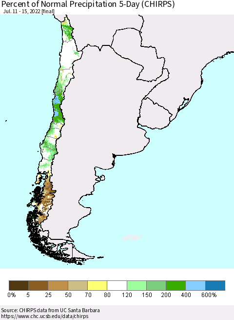 Chile Percent of Normal Precipitation 5-Day (CHIRPS) Thematic Map For 7/11/2022 - 7/15/2022