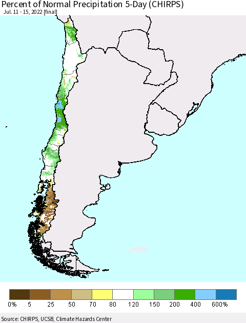 Chile Percent of Normal Precipitation 5-Day (CHIRPS) Thematic Map For 7/11/2022 - 7/15/2022