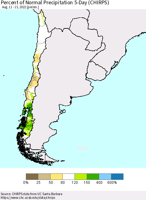 Chile Percent of Normal Precipitation 5-Day (CHIRPS) Thematic Map For 8/11/2022 - 8/15/2022