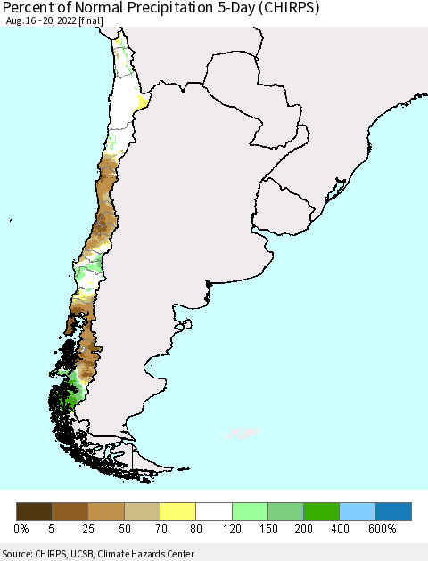 Chile Percent of Normal Precipitation 5-Day (CHIRPS) Thematic Map For 8/16/2022 - 8/20/2022