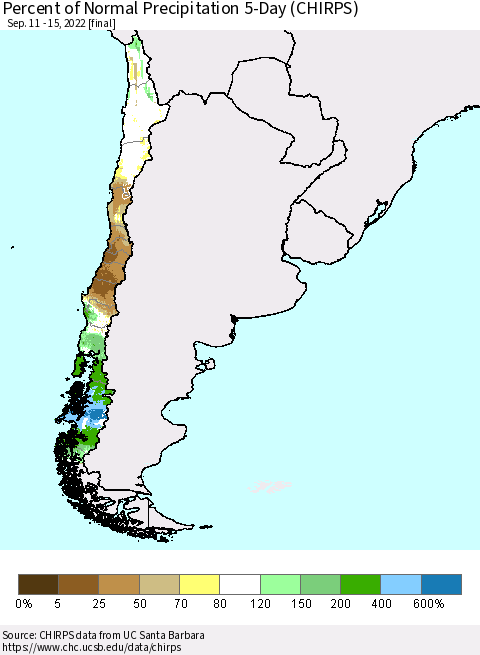 Chile Percent of Normal Precipitation 5-Day (CHIRPS) Thematic Map For 9/11/2022 - 9/15/2022