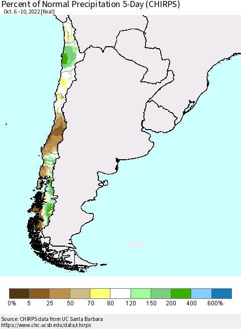 Chile Percent of Normal Precipitation 5-Day (CHIRPS) Thematic Map For 10/6/2022 - 10/10/2022