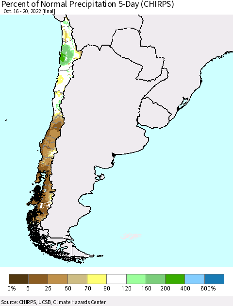 Chile Percent of Normal Precipitation 5-Day (CHIRPS) Thematic Map For 10/16/2022 - 10/20/2022