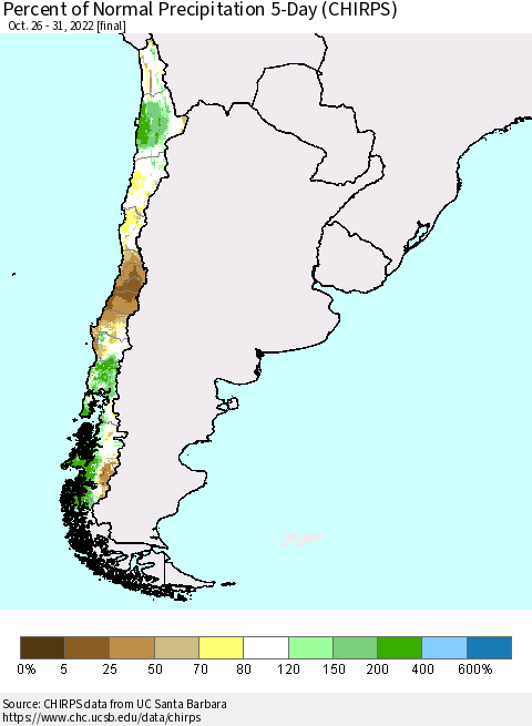 Chile Percent of Normal Precipitation 5-Day (CHIRPS) Thematic Map For 10/26/2022 - 10/31/2022