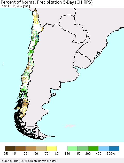 Chile Percent of Normal Precipitation 5-Day (CHIRPS) Thematic Map For 11/11/2022 - 11/15/2022