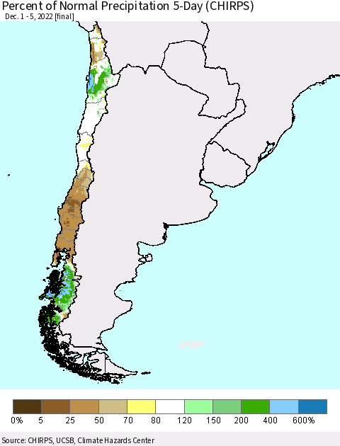 Chile Percent of Normal Precipitation 5-Day (CHIRPS) Thematic Map For 12/1/2022 - 12/5/2022