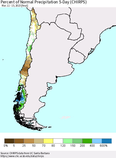 Chile Percent of Normal Precipitation 5-Day (CHIRPS) Thematic Map For 3/11/2023 - 3/15/2023