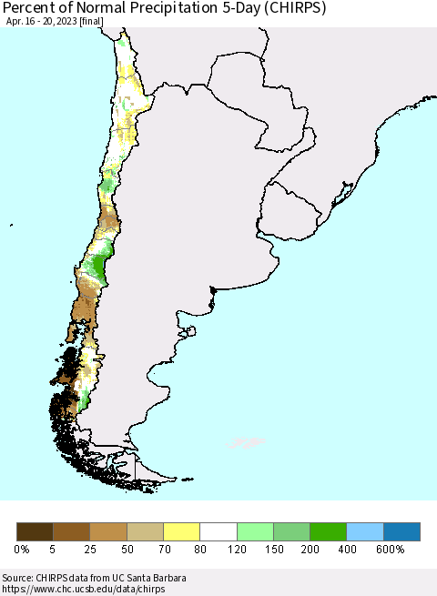 Chile Percent of Normal Precipitation 5-Day (CHIRPS) Thematic Map For 4/16/2023 - 4/20/2023