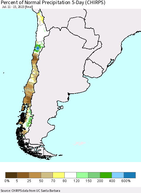 Chile Percent of Normal Precipitation 5-Day (CHIRPS) Thematic Map For 7/11/2023 - 7/15/2023