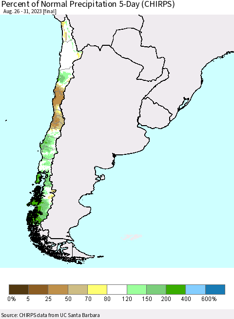 Chile Percent of Normal Precipitation 5-Day (CHIRPS) Thematic Map For 8/26/2023 - 8/31/2023