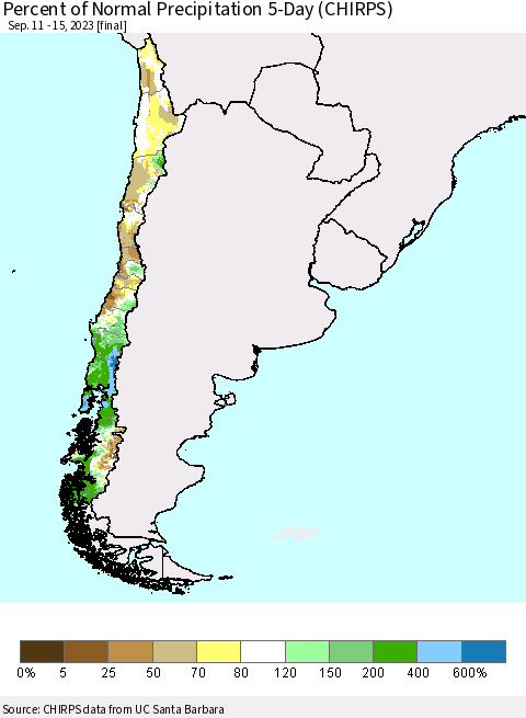 Chile Percent of Normal Precipitation 5-Day (CHIRPS) Thematic Map For 9/11/2023 - 9/15/2023