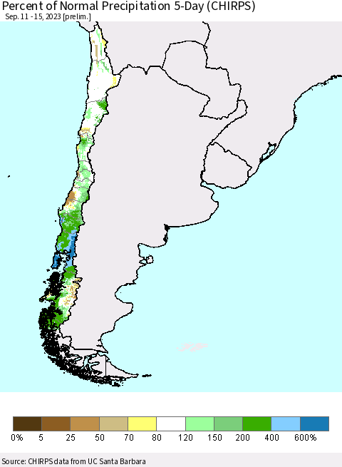 Chile Percent of Normal Precipitation 5-Day (CHIRPS) Thematic Map For 9/11/2023 - 9/15/2023
