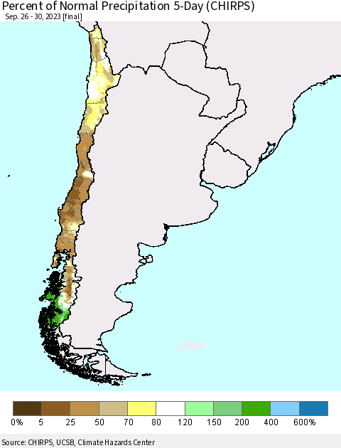 Chile Percent of Normal Precipitation 5-Day (CHIRPS) Thematic Map For 9/26/2023 - 9/30/2023