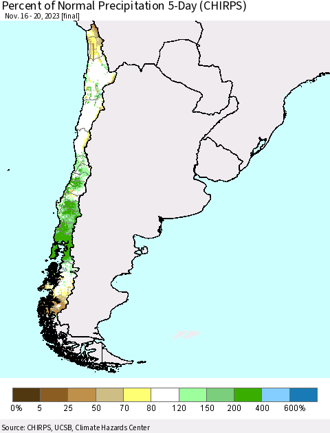 Chile Percent of Normal Precipitation 5-Day (CHIRPS) Thematic Map For 11/16/2023 - 11/20/2023