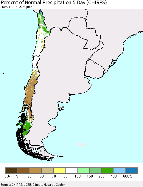 Chile Percent of Normal Precipitation 5-Day (CHIRPS) Thematic Map For 12/11/2023 - 12/15/2023