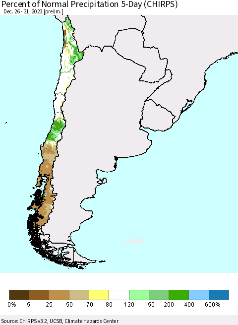 Chile Percent of Normal Precipitation 5-Day (CHIRPS) Thematic Map For 12/26/2023 - 12/31/2023