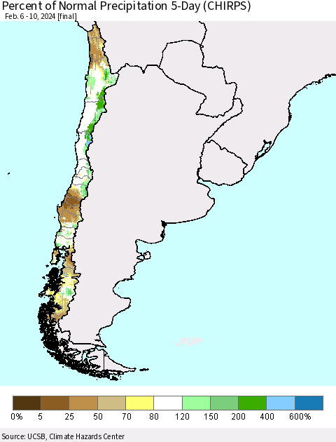 Chile Percent of Normal Precipitation 5-Day (CHIRPS) Thematic Map For 2/6/2024 - 2/10/2024