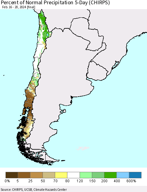 Chile Percent of Normal Precipitation 5-Day (CHIRPS) Thematic Map For 2/16/2024 - 2/20/2024