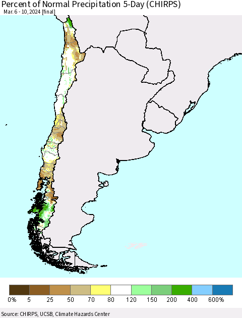 Chile Percent of Normal Precipitation 5-Day (CHIRPS) Thematic Map For 3/6/2024 - 3/10/2024