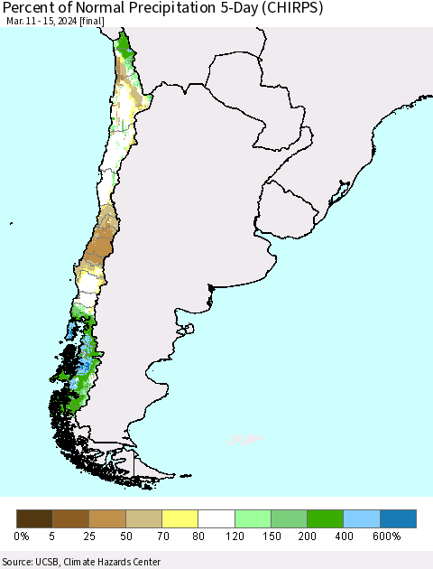 Chile Percent of Normal Precipitation 5-Day (CHIRPS) Thematic Map For 3/11/2024 - 3/15/2024