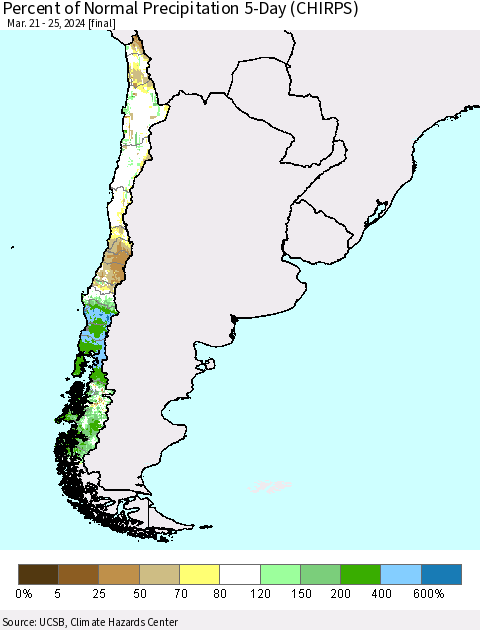 Chile Percent of Normal Precipitation 5-Day (CHIRPS) Thematic Map For 3/21/2024 - 3/25/2024