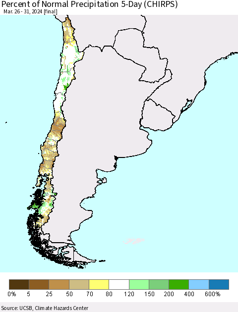 Chile Percent of Normal Precipitation 5-Day (CHIRPS) Thematic Map For 3/26/2024 - 3/31/2024
