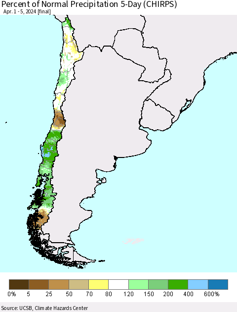 Chile Percent of Normal Precipitation 5-Day (CHIRPS) Thematic Map For 4/1/2024 - 4/5/2024