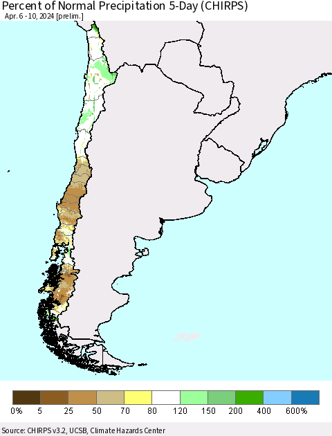 Chile Percent of Normal Precipitation 5-Day (CHIRPS) Thematic Map For 4/6/2024 - 4/10/2024