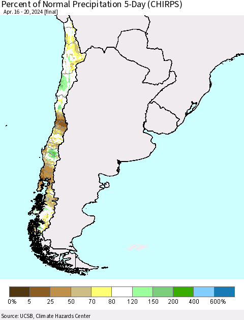 Chile Percent of Normal Precipitation 5-Day (CHIRPS) Thematic Map For 4/16/2024 - 4/20/2024