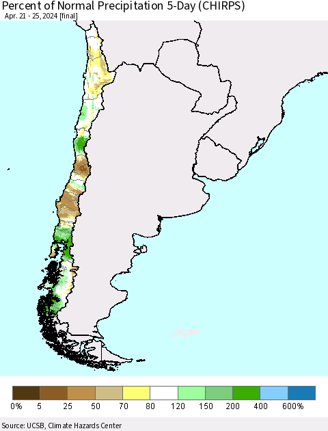 Chile Percent of Normal Precipitation 5-Day (CHIRPS) Thematic Map For 4/21/2024 - 4/25/2024