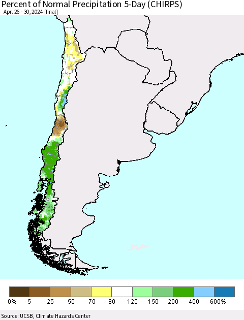 Chile Percent of Normal Precipitation 5-Day (CHIRPS) Thematic Map For 4/26/2024 - 4/30/2024