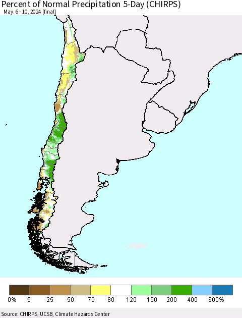 Chile Percent of Normal Precipitation 5-Day (CHIRPS) Thematic Map For 5/6/2024 - 5/10/2024