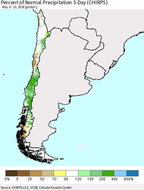 Chile Percent of Normal Precipitation 5-Day (CHIRPS) Thematic Map For 5/6/2024 - 5/10/2024