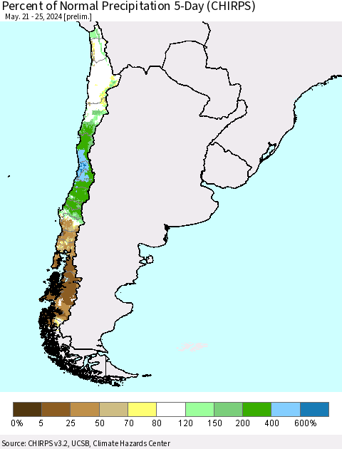 Chile Percent of Normal Precipitation 5-Day (CHIRPS) Thematic Map For 5/21/2024 - 5/25/2024