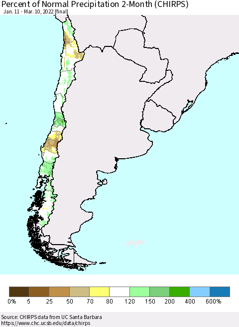 Chile Percent of Normal Precipitation 2-Month (CHIRPS) Thematic Map For 1/11/2022 - 3/10/2022