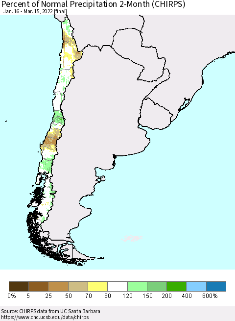 Chile Percent of Normal Precipitation 2-Month (CHIRPS) Thematic Map For 1/16/2022 - 3/15/2022