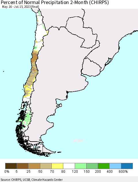 Chile Percent of Normal Precipitation 2-Month (CHIRPS) Thematic Map For 5/16/2023 - 7/15/2023