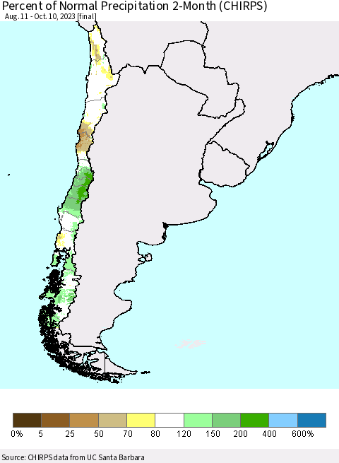 Chile Percent of Normal Precipitation 2-Month (CHIRPS) Thematic Map For 8/11/2023 - 10/10/2023