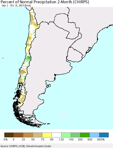 Chile Percent of Normal Precipitation 2-Month (CHIRPS) Thematic Map For 9/1/2023 - 10/31/2023