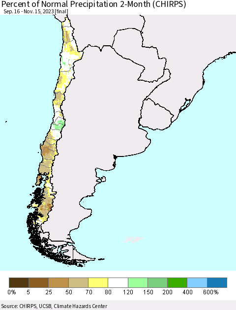 Chile Percent of Normal Precipitation 2-Month (CHIRPS) Thematic Map For 9/16/2023 - 11/15/2023