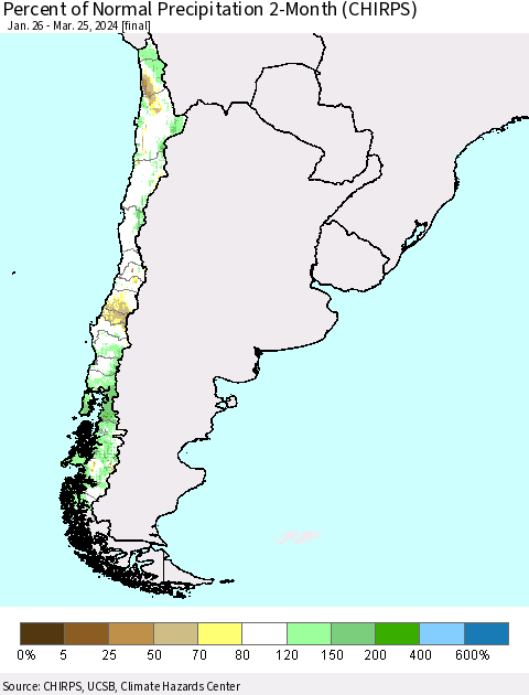 Chile Percent of Normal Precipitation 2-Month (CHIRPS) Thematic Map For 1/26/2024 - 3/25/2024