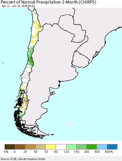 Chile Percent of Normal Precipitation 2-Month (CHIRPS) Thematic Map For 4/11/2024 - 6/10/2024